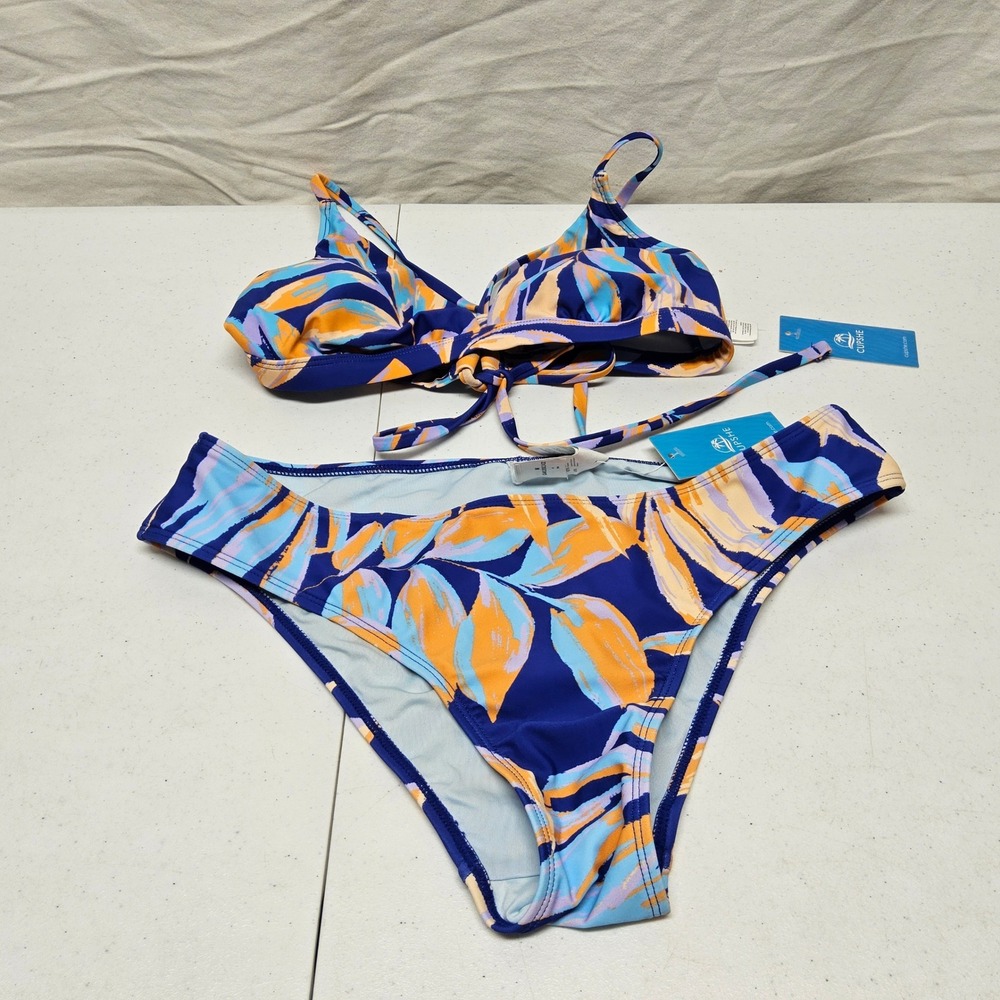 Cupshe Bikini Set Womens Medium Blue Orange Tropical Leaf Print Two Piece NEW